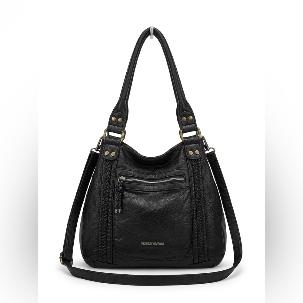 Montana West Trinity Ranch Black Braided Vegan Leather Hobo Bag Y2K